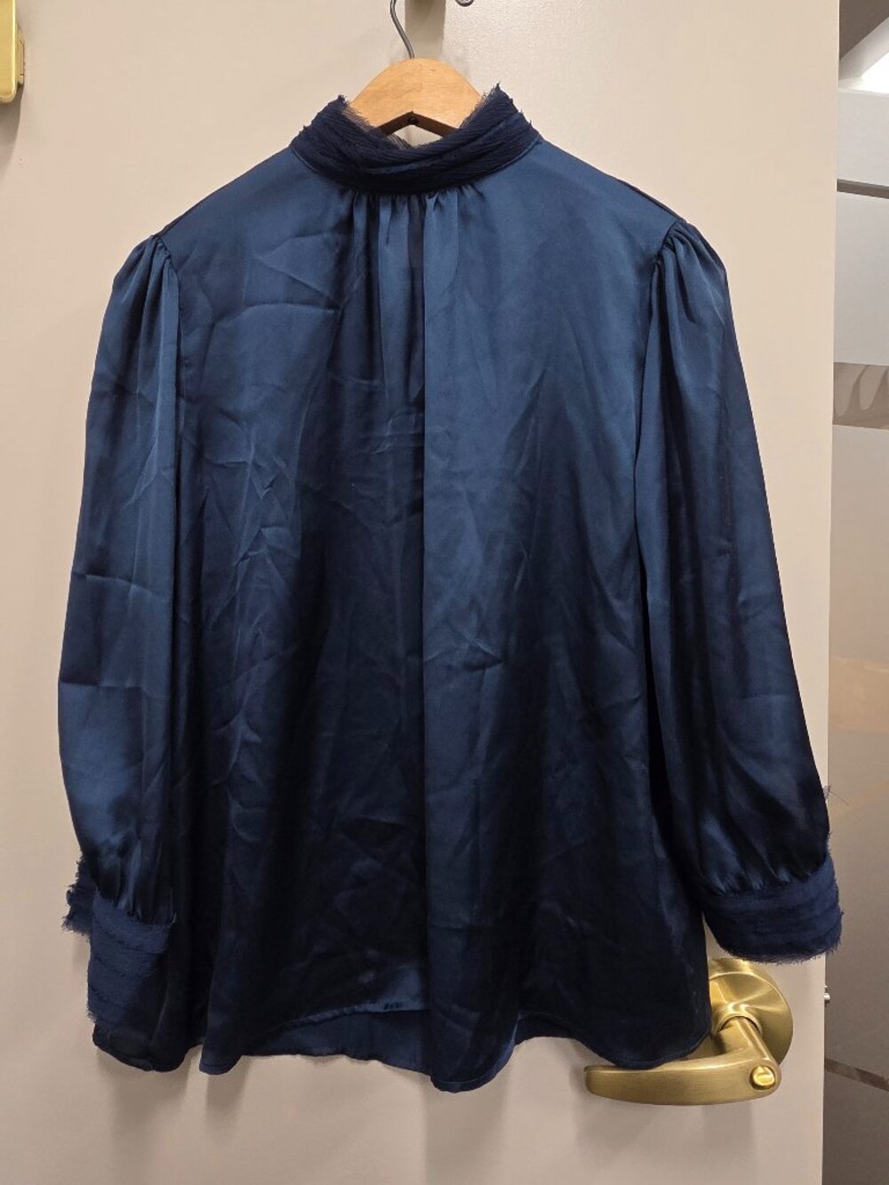 Zara Navy Satin Frayed Trim Blouse